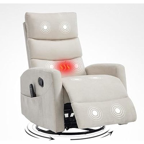 Trustyue Swivel Rocker Recliner Chair, 360° Swivel Recliner with Heat and Massage,Chenille Rocker Recliner Nursery Glider Recliner Chair with Side Pockets for Living Room Beige