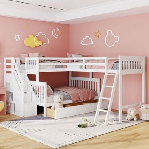L-Shape Triple Bunk Beds with Stairs and Storage Drawers, Twin over Full Bed Attached a Loft Wood Corner Bunked for 3 Kids, White