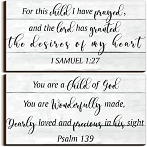 2 Pcs Wood Nursery Wall Decor for Girls Boys Baby Girl Room Decor for Nursery Christian Nursery Wall Art This Child I Have Prayed Bible Quote Wall Hanging Sign for Kids Home 12 x 6 Inch (Retro)