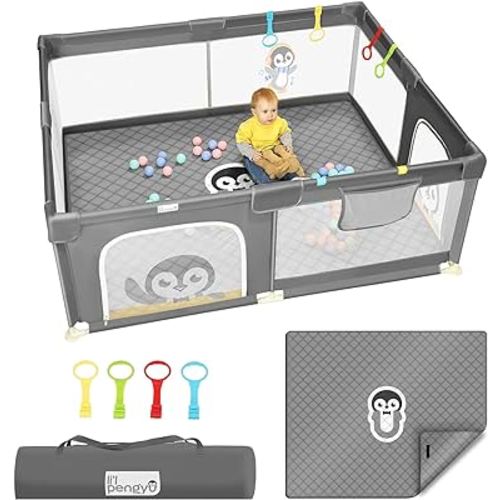 Baby Playpen for Babies and Toddlers with Mat, 71x59 inch Extra Large Baby Playard No Gaps for Indoor & Outdoor, Toddler Playpen with Bag, Anti-Slip Base, (Gray), Li'l Pengyu