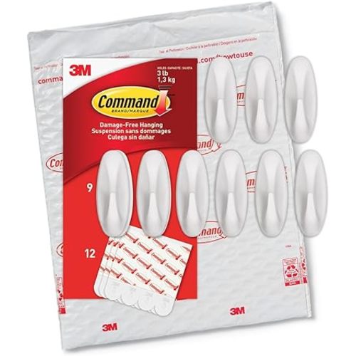 Command Medium Designer Hooks, Damage Free Hanging Wall Hooks with Adhesive Strips, No Tools Wall Hooks for Hanging Decorations in Living Spaces, 9 White Hooks and 12 Command Strips