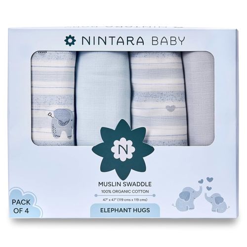 Nintara Baby Extra-Large Swaddle - 100% Organic Premium Muslin Cotton, 47" x 47", Ultra-Soft, Breathable & Lightweight, Multipurpose, Unisex, Hypoallergenic, Gifts for Newborn Babies, Pack of 4