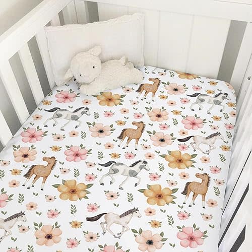 Watercolor Horse Floral Baby Crib Sheets 52''x28'' Cute Horses Boho Retro Flowers White Fitted Crib Mattress Cover for Boy Girl Soft Nursery Baby Bed Sheets for Standard Size Crib and Toddler Mattress