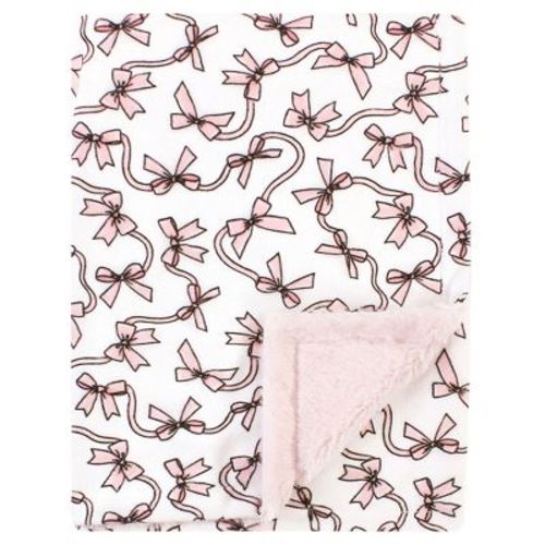 Hudson Baby Infant Girl Plush Blanket With Furry Binding And Back, Pink Bows, One Size