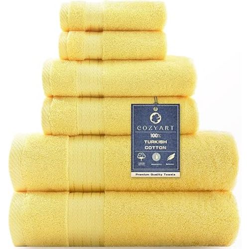 COZYART Light Yellow Luxury Bath Towels Set, Turkish Cotton Hotel Large Bath Towels Bulk for Bathroom, Thick Bathroom Towels Set of 6 with 2 Bath Towels, 2 Hand Towels, 2 Washcloths, 650 GSM.