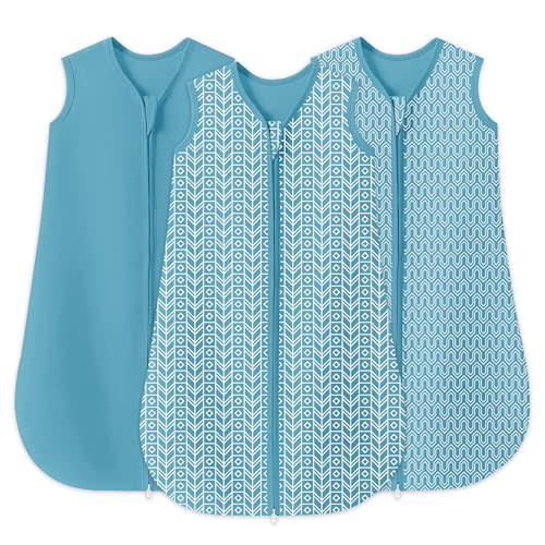 SWEET DOLPHIN Baby Sleep Sack 6-12 Months - 100% Cotton 2-Way Zipper TOG 0.5 Infant Wearable Blanket, Newborn Essentials Toddler 3 Pack Sleeping Sacks - Peacock Blue