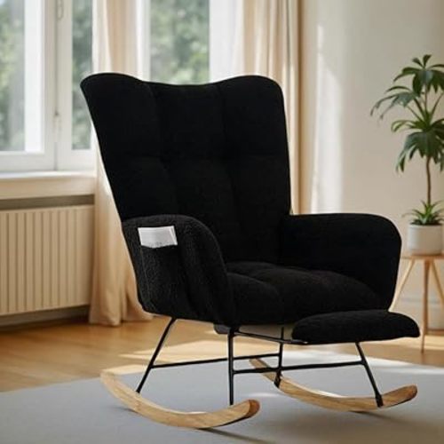 Modern Nursery Rocking Chair, Teddy Upholstered Glider Rocker with Footrest, Comfortable Rocker Recliner with Side Pocket for Living Room, Bedroom, Office, Black