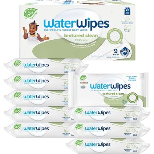 WaterWipes Plastic-Free Textured Clean, Toddler & Baby Wipes, 99.9% Water Based Wipes, Unscented & Hypoallergenic for Sensitive Skin, 540 Count (9 packs), Packaging May Vary