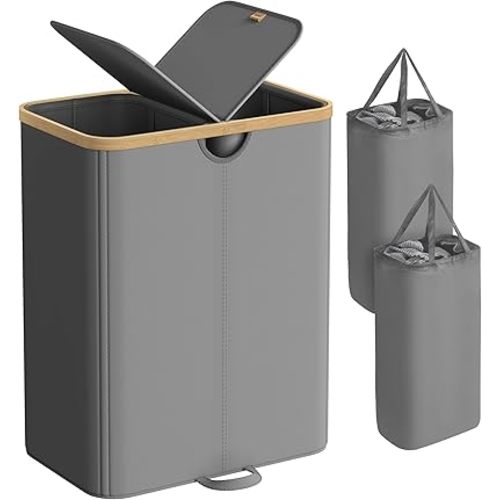 SONGMICS Laundry Hamper with Lids, Laundry Basket with 2 Compartments, 39 Gal. (150 L), Removable Liner Bag, for Laundry Room, Bedroom, Living Room, Slate Gray and Light Bamboo ULCB523G01