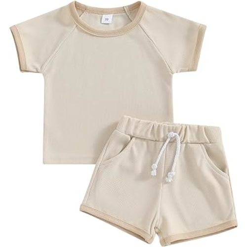 Ayalinggo Baby Girl Summer Outfit Short Sleeve Floral Waffle T-shirt Top and Shorts Set Gender Neutral Toddler Clothes