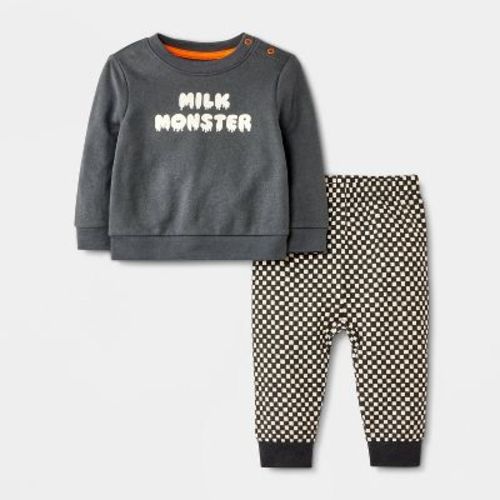 Baby Halloween Checkered Milk Monster French Terry Sweatshirt & Jogger Pants Set - Cat & Jack™ Black