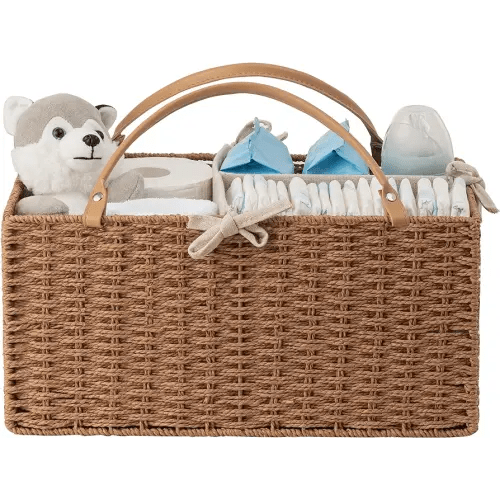 HBlife Large Baby Diaper Caddy Organizer, Paper Rope Storage Baskets Nursery Bin with Removable Divider, Portable Car Organizer for Diapers, Baby Shower Gifts, Newborn Essentials Must Haves