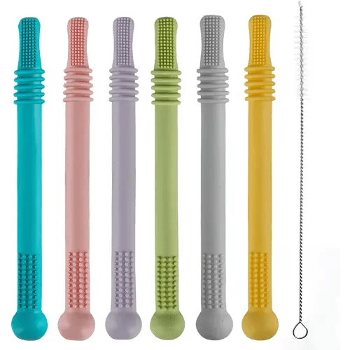 Fu Store Hollow Teether Tube, 6 Pack Chew Straw Toy for Infant Toddlers Silicone Tubes Teething Toys for Babies 3-12 Months BPA Free/Freezable/Dishwasher and Refrigerator Safe