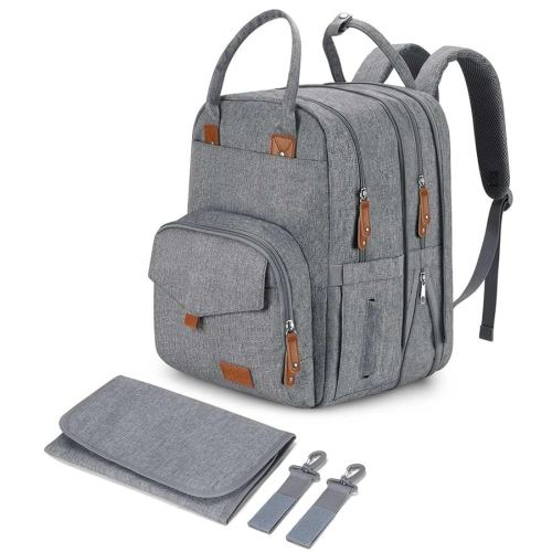 Large Diaper Bag Backpack for Two Kids Twins - Expandable Baby Bag (26-36L), Dual Big Compartments - Includes Changing Pad & Stroller Straps, Unisex Grey