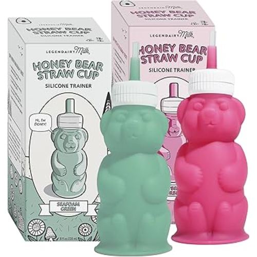 Legendairy Milk Honey Bear Straw Cup Silicone for Babies (Green/Raspberry), 8 oz. Dishwasher Safe Baby Straw Cup, Food Grade Silicone, Honeybear Sippy Cup for Ages 4+ Months (Pack of 2)