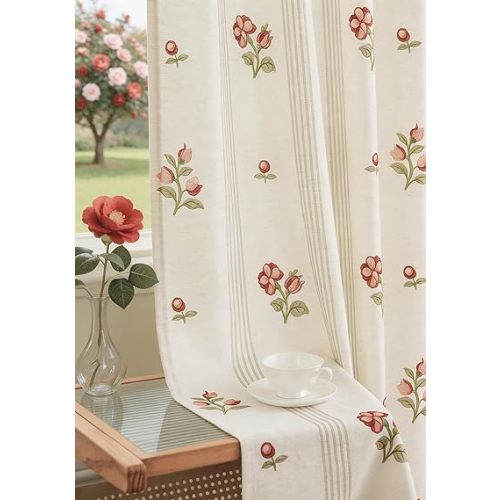 THREE GIRLS Pinch Pleated Floral Linen Curtains 84 Inch Vintage Pink Block Print Patterned, Light Filtering Memory Trained Farmhouse Drapes for Living Room Bedroom Dining, 2 Panels