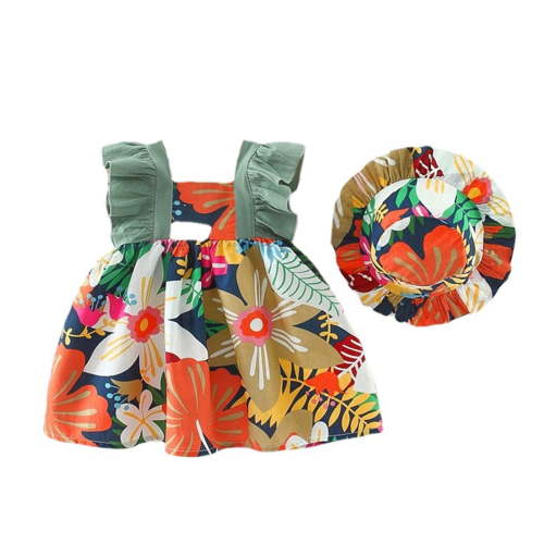 ZHUASHUM Toddler Baby Girls Summer Princess Dresses Vacation Sleeveless Hat Set Ruffles Floral Dress Green 12-18 Months