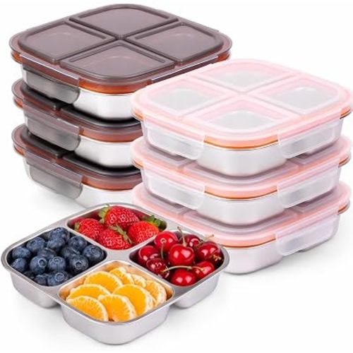 6 Pack Stainless Steel Snack Containers with Airtight Lids, 4 Compartment Food Storage Containers, Reusable Metal Meal Prep Lunch Boxes, Dishwasher Safe, Divided Plates for Adults