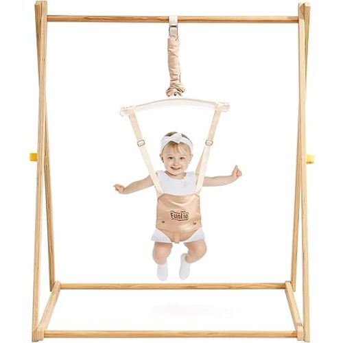 FUNLIO Montessori Wooden Baby Jumper with Stand for 6-36 Months, Adjustable Baby Bouncer for Indoor/Outdoor Play, Foldable Toddler Jumper for Baby Girl/Boy, Easy to Assemble & Store