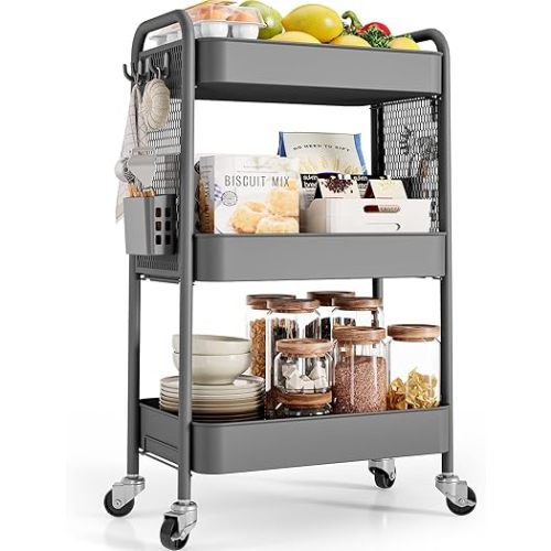 TOOLF Rolling Carts with Wheels, 3 Tier Rolling Utility Cart, Metal Storage Organizer with Pegboard Hooks Bins for Bathroom Kitchen Storage, Three Tier Cart for Book Diaper & Craft Art Supplies, Grey