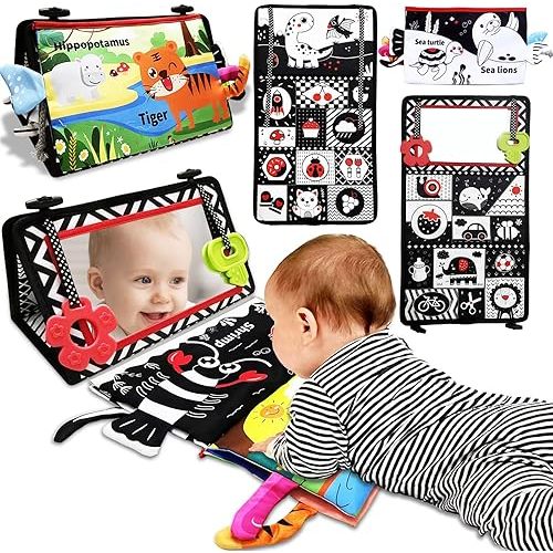 Tummy Time Mirror Newborn Toys: Black and White Infant Tummy Time Toys 0-3 0-6 6-12 Months Babies High Contrast Baby Toy with Baby Book & Teethers Montessori Sensory Floor Toy for Boy Girl Baby Gifts