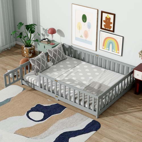 Miniyam Full Size Floor Bed with Guardrails and Door for Kids, Gray