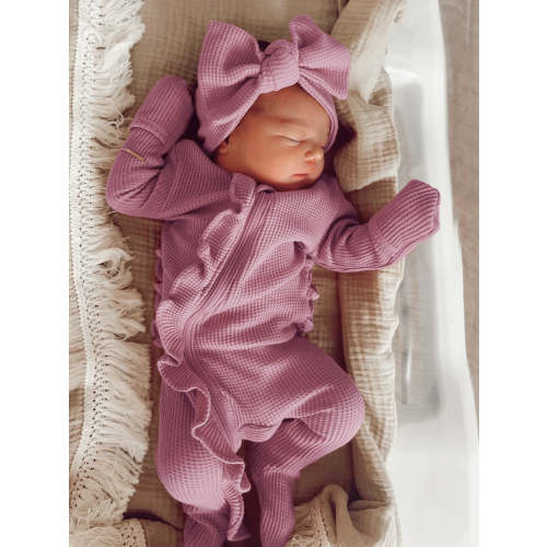 Organic Waffle Ruffle Zip Footie, Lavender