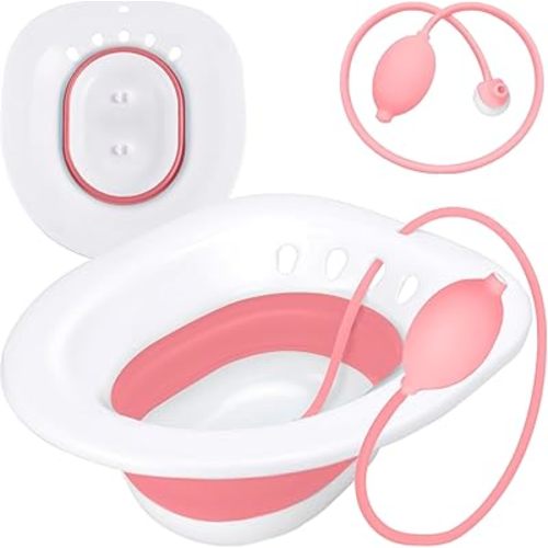 Pochik Sitz Bath for Toilet Seat Hemorrhoids and Postpartum Care, Yoni Steam Seat, Perineal Soaking, Collapsible, Flusher Hose, Drain Holes, Wider Seating Area - Magenta