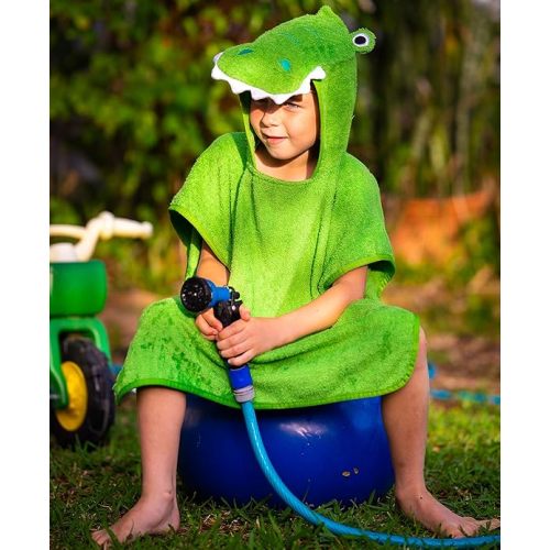 Premium Hooded Towel Poncho for Kids & Toddlers, Soft 100% Cotton, Ideal at Bath, Beach, Pool (Green Croc)