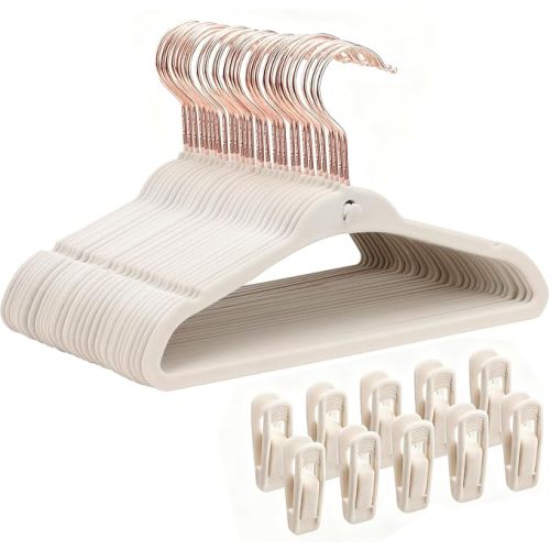 Baby Velvet Hangers 30 Pack, 11 Inch Stackable Kids Hanger for Closet, Ultra Slim Non-Slip Toddler Hangers with Rose Gold Swivel Hook & 10 Clips, Felt Hanger for Children's Clothes, Beige