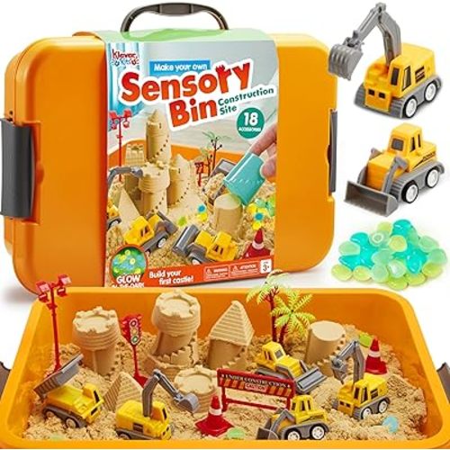 Klever Kits Construction Sensory Bin for Toddlers with Glow in The Dark Stones, Sandbox with Lid Magic Sand Castle Building kit, Preschool Learning Activities Gifts for Boys Girls Age 3+