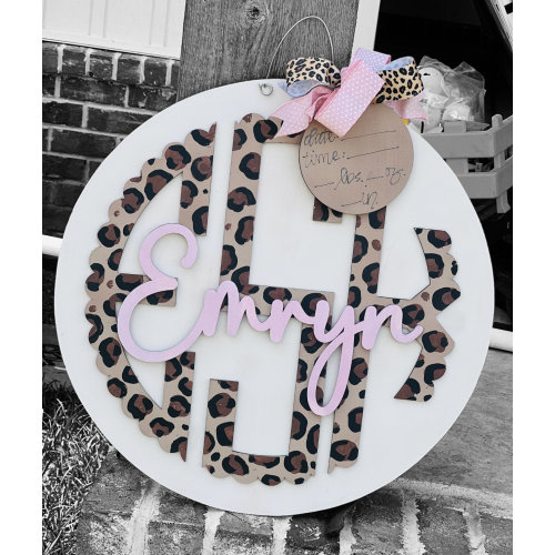 Cheetah Print Baby Girl Nursery Doorhanger, Baby Girl Announcement, Initial Doorhanger