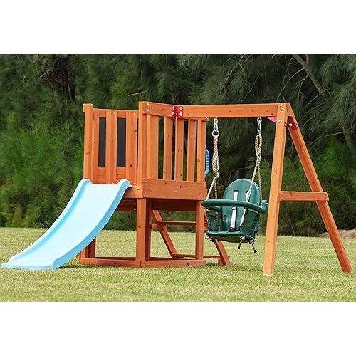 Dolphin Playground 5 in 1 Multifunction Toddler Swing Sets for Backyard, Outdoor Playset with Baby Swing, Outdoor Table, Blackboard, Slide, and Rock Climbing Wall,Toddler Swing Sets Ages 18mo to 4yrs