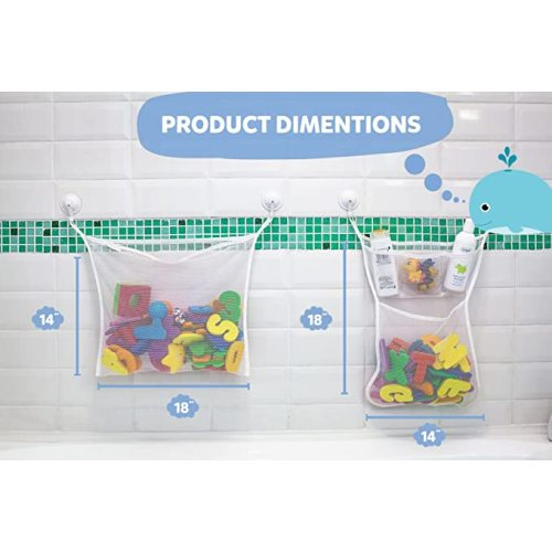 2 x Mesh Bath Toy Organizer + 6 Ultra Strong Hooks – The Perfect Bathtub Toy Holder & Bathroom or Shower Caddy – These Multi-use Net Bags Make Baby Bath Toy Storage Easy – For Kids & Toddlers - White x2