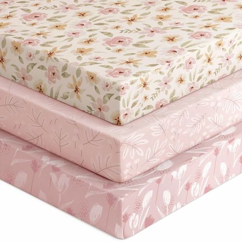 Baby Crib Sheets for Boys Girls, Fitted Crib Sheet Neutral 3 Pack for Standard Crib and Toddler Mattress, Breathable Soft Microfiber Baby Sheet 28x52x8in Pink Flowers & Leaf