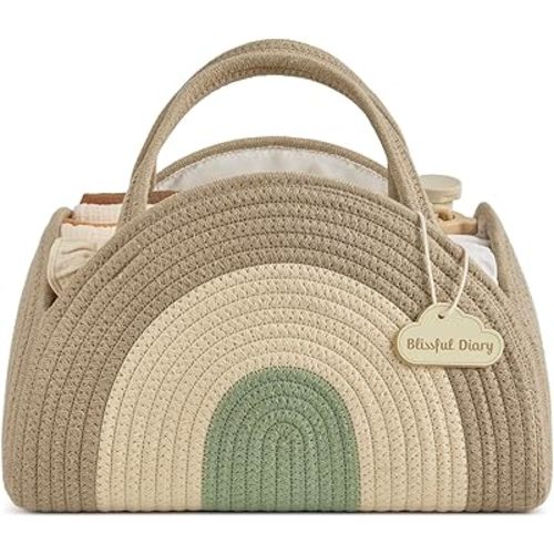 Blissful Diary Baby Diaper Caddy Organizer, Cotton Rope Diaper Caddy Basket, Large Storage Basket for Newborn Boys and Girls, Gift for Baby Shower List, Newborn Essentials, Natural Rainbow