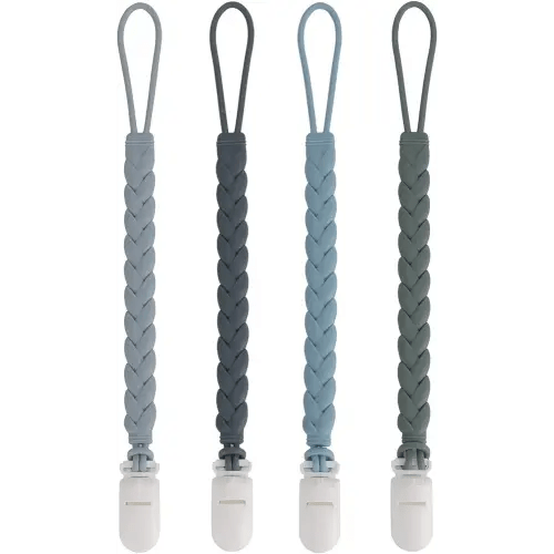 Stylish Silicone Pacifier Clips 4-Pack for Baby, Woven Rope Flexible Design, Rust-Free Holders for Teething Relief and Baby Essentials, Safe for Newborns (Grey)