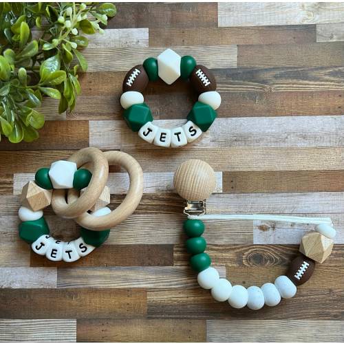 New York Jets Toy Collection - Jets Pacifier Clip, Rattle - Go Jets - Baby Jets Toy - Baby Shower Gift - Green, White Football Baby Gift