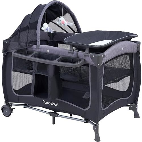 Pamo Babe Portable Baby Nursery Center Play Yard with Wheels(Grey)