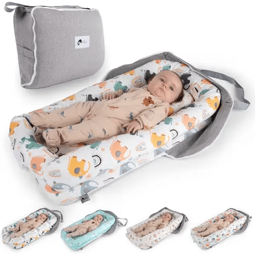 Joyful Journeys Baby Lounger Diaper Bag - Portable Baby Lounger Nest | Versatile Infant Lounger Bag & Diaper Organizer | Cozy Baby Lounger Nest for Convenience | Baby Shower Gifts (Neutral Elephants)
