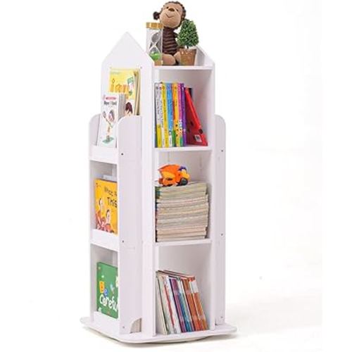 Rotating Bookshelf 360 Display Revolving Bookcase Storage Rack for Kids&Adults Multi-Functional Spinning Bookshelf, 15.75" W x 37.4" H, White