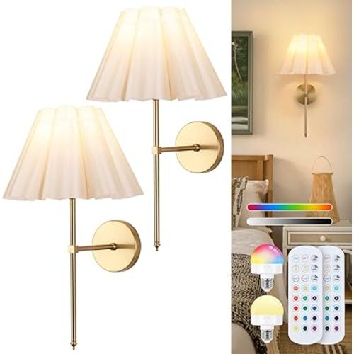 Battery Operated Wall Sconces Set of 2, Rechargeable Wireless RGB Wall Lights, Not Hardwired Wall Lights with Petal Shades, Wall Lamp with Remote Control for Living Room Corridor Bedroom etc