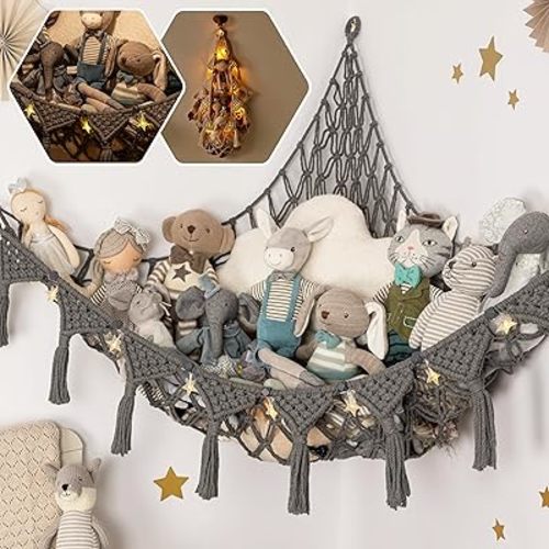 Macrame DreamLights Boho Stuffed Animal Storage Net or hammock Extra Large for Small or large Plushies. Plush Gray Toy Storage Holder