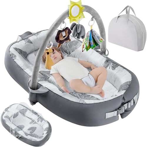 Portable Baby Lounger for Travel,Breathable & Comfortable 100% Cotton Infant Lounger, Baby Nest 0-24 Months Machine-Washable Newborn Lounger,Newborn Essentials (Gray)
