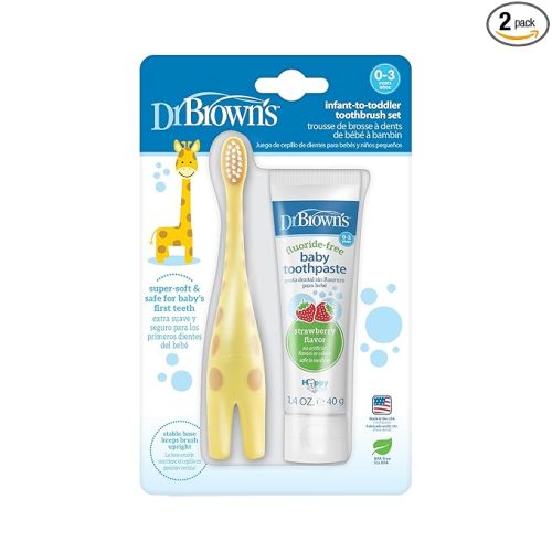 Dr. Brown's Infant-to-Toddler Training Toothbrush Set with Fluoride-Free Baby Toothpaste, Strawberry - Giraffe - 1.4oz - 0-3 Years