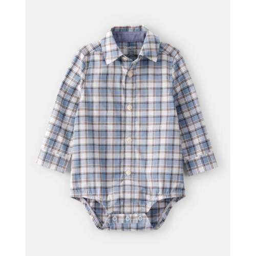Baby Boy Plaid Cotton Long-Sleeve Button-Down Fashion Bodysuit - Blue - OshKosh | Carter's | Size 3M