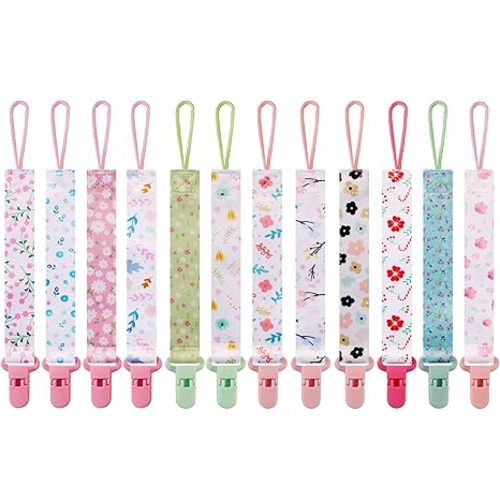 12 Pack Pacifier Clips with Adjustable Strap (32-46.5cm)/Short Strap(25.5cm) - Premium Polyester Baby Pacifier Holder Set, Multi-Design Clips for Boys Girls (Multicolor D 25.5cm)