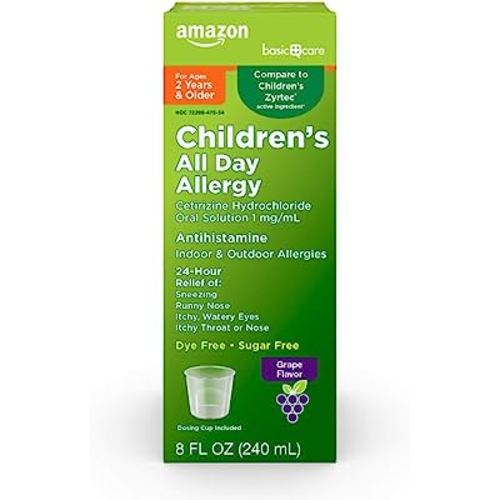 Amazon Basic Care Children’s 24 Hour Allergy Relief, Cetirizine Hydrochloride Oral Solution 1 mg/mL, Grape Flavor, Dye Free, 8 fl oz (Pack of 1)