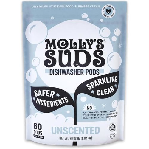 Molly's Suds Dishwasher Pods | Clean Dishwasher Detergent, Cuts Grease & Rinses Clean (Residue-Free) for Sparkling Dishes | 60 Auto-Release Tabs (Unscented)