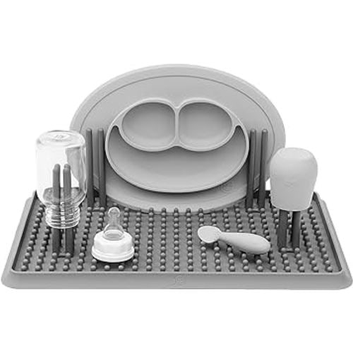 ezpz Drying Rack (Gray) - 100% Silicone Collapsible Dish Drying Rack + Suctions in Place + Adjustable Pegs - Dishwasher Safe - Durable Long-Lasting